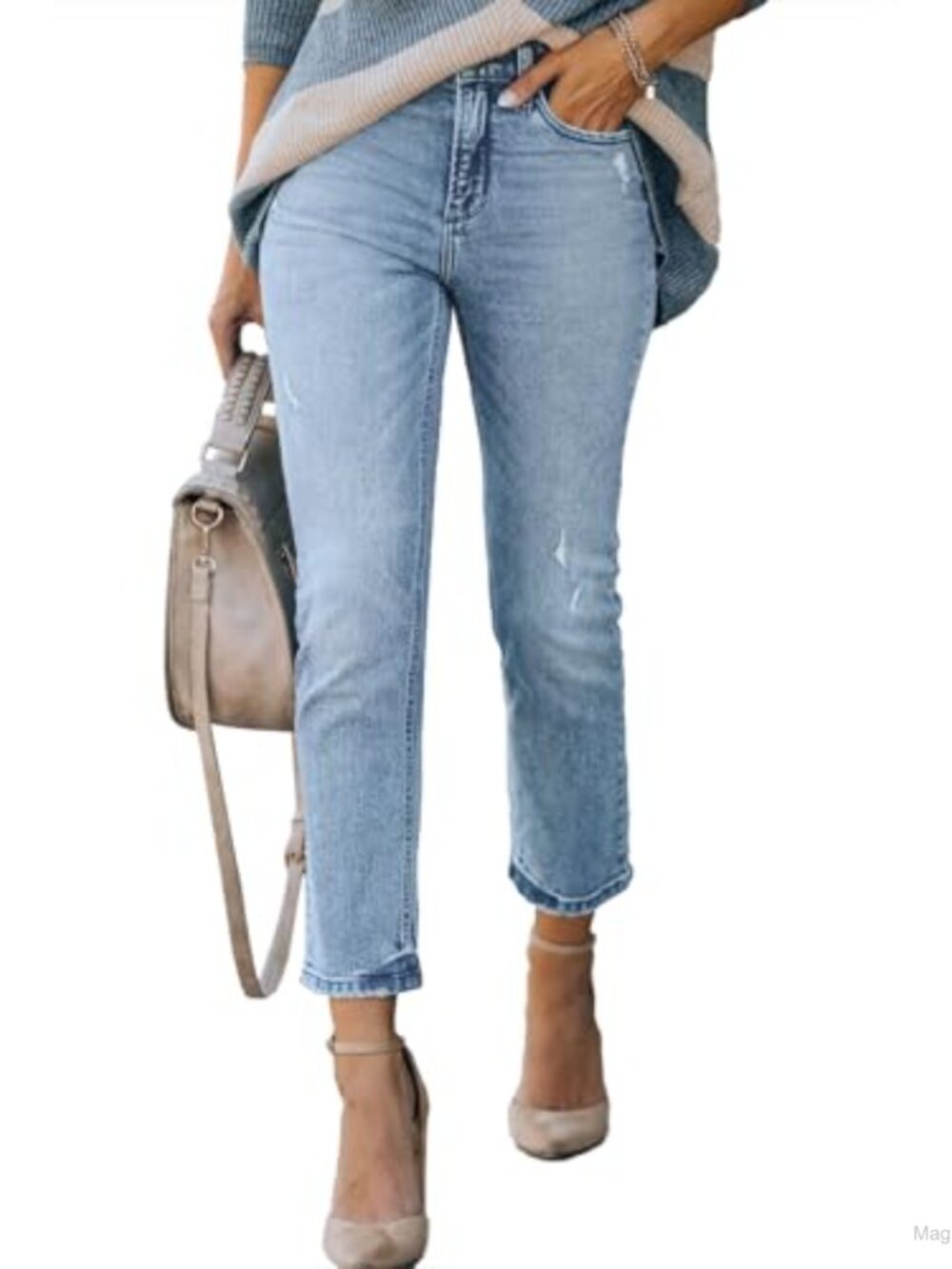 High Waist Stretch Distressed Jeans Straight Leg Raw Hem